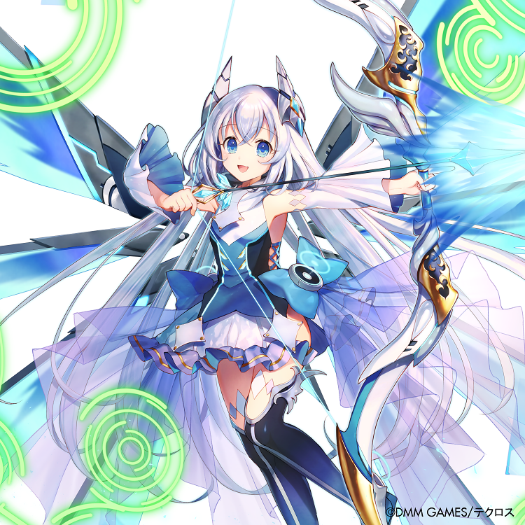 1girl :d armpits arrow bare_shoulders black_footwear blue_bow blue_eyes blue_shirt boots bow bow_(weapon) detached_sleeves feet_out_of_frame frilled_skirt frills headgear holding holding_bow_(weapon) holding_weapon ice kami_project long_hair long_sleeves looking_at_viewer magic momoshiki_tsubaki official_art open_mouth see-through shirt silver_hair skirt smile solo thigh-highs thigh_boots very_long_hair watermark weapon white_skirt wide_sleeves wings