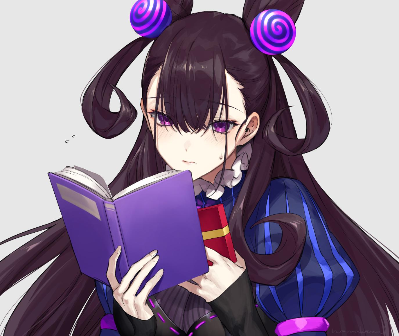 1girl 3: artist_name black_hair book box fate/grand_order fate_(series) flying_sweatdrops frills gift gift_box hair_ornament holding holding_book holding_gift murasaki_shikibu_(fate) namakawa open_book puff_and_slash_sleeves puffy_sleeves ribbon-trimmed_clothes ribbon_trim signature simple_background solo sweatdrop two_side_up violet_eyes