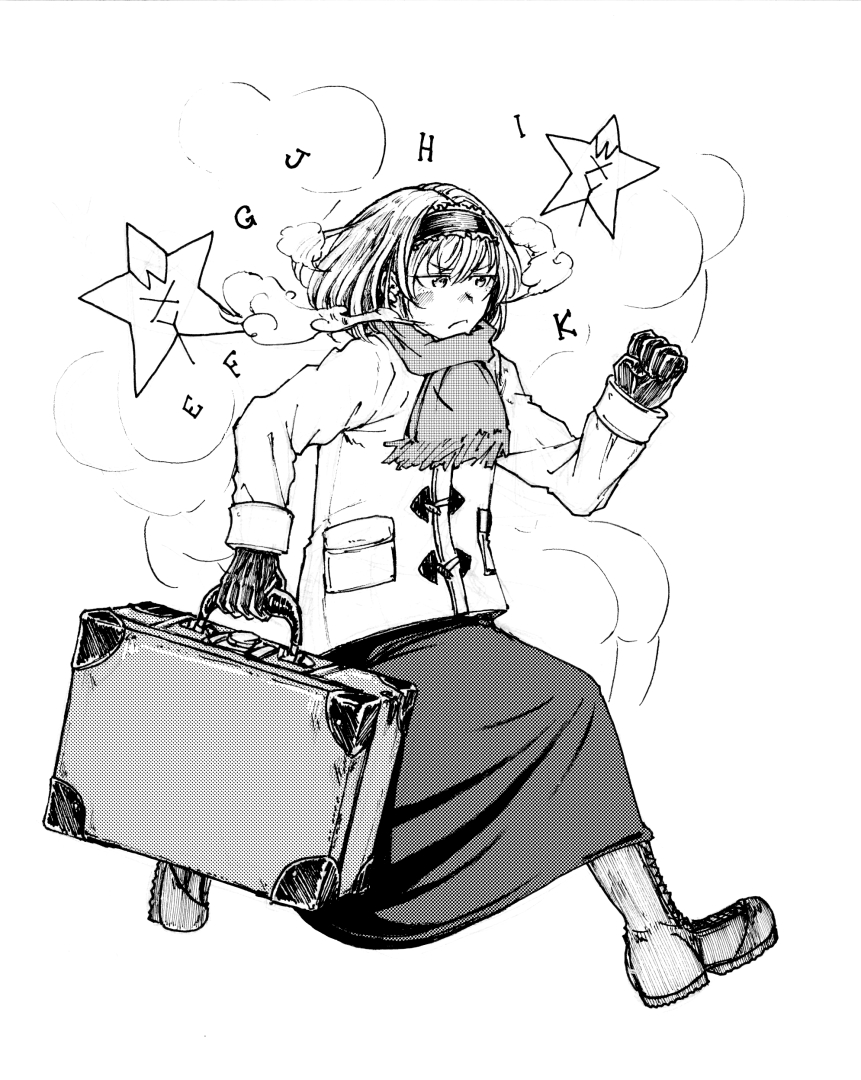 alice_margatroid coat commentary commentary_request condensation_trail gloves headband koyubi_(littlefinger1988) running scarf short_hair simple_background skirt star suitcase touhou white_background