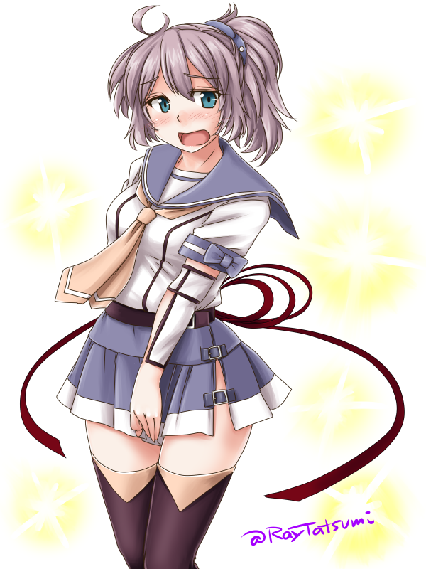 1girl aoba_(kantai_collection) black_legwear blue_eyes blue_scrunchie commentary_request cosplay cowboy_shot embarrassed kantai_collection kinugasa_(kantai_collection) kinugasa_(kantai_collection)_(cosplay) messy_hair neckerchief open_mouth ponytail purple_hair purple_skirt sailor_collar school_uniform scrunchie serafuku skirt solo sparkle_background tatsumi_ray thigh-highs twitter_username white_background yellow_neckwear