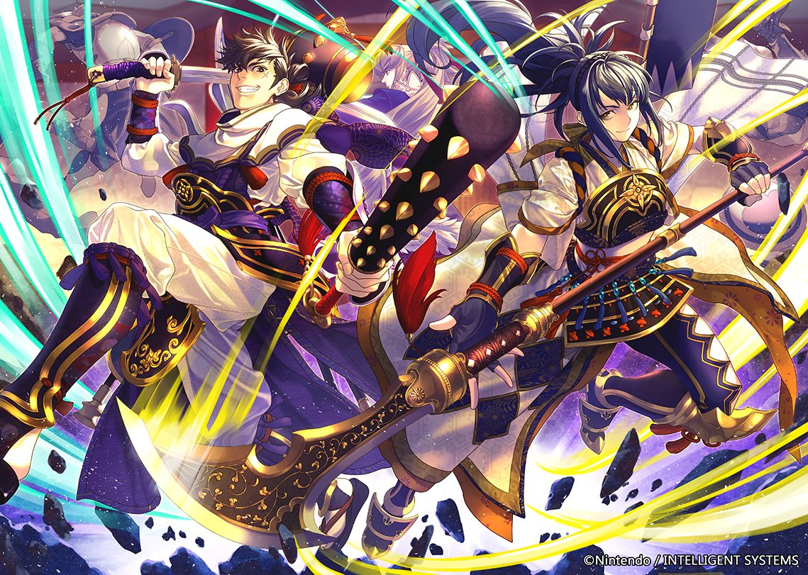 1girl 2boys armor armored_boots back blue_hair boots brown_eyes brown_hair faceless faceless_male fingerless_gloves fire_emblem fire_emblem_cipher fire_emblem_if flag gloves hinata_(fire_emblem_if) katana long_hair mace multiple_boys nintendo oboro_(fire_emblem_if) official_art polearm ponytail scar shield solo spear sword takumi_(fire_emblem_if) teeth weapon yellow_eyes yoneko_okome