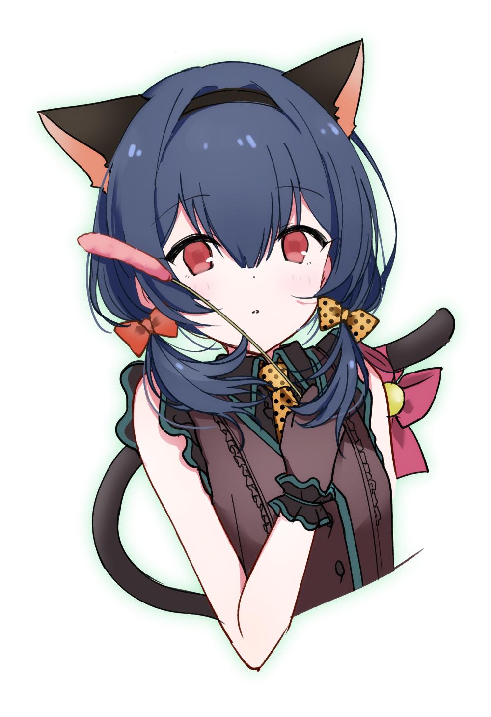 1girl animal_ears bangs bell black_gloves black_shirt blue_hair blush bow cat_ears cat_tail cat_teaser commentary gloves hair_between_eyes hair_bow highres holding_toy idolmaster idolmaster_shiny_colors kemonomimi_mode looking_at_viewer morino_rinze necktie pandasiro parted_lips polka_dot polka_dot_bow polka_dot_neckwear red_bow red_eyes shirt short_hair simple_background sketch sleeveless solo tail tail_bell tail_bow tied_hair upper_body white_background wrist_cuffs yellow_bow