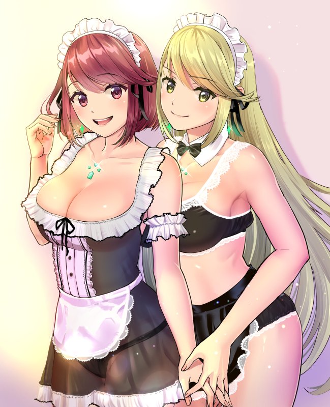 2girls apron bangs bare_shoulders blonde_hair blush breasts cleavage earrings eyebrows_visible_through_hair gem glowing hair_ornament headdress headpiece mythra_(xenoblade) pyra_(xenoblade) jewelry large_breasts long_hair looking_at_viewer maid maid_apron maid_headdress multiple_girls nintendo ooshima_aki red_eyes redhead see-through short_hair smile swept_bangs very_long_hair xenoblade_(series) xenoblade_2 yellow_eyes