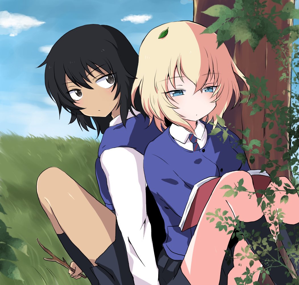 2girls aimai_(luckyfive) andou_(girls_und_panzer) back-to-back bangs bc_freedom_school_uniform black_hair black_legwear black_skirt black_vest blonde_hair blue_eyes blue_neckwear blue_sky blue_sweater book brown_eyes cardigan closed_mouth clouds cloudy_sky dark_skin diagonal_stripes dress_shirt eyebrows_visible_through_hair girls_und_panzer grass half-closed_eyes holding holding_book light_frown long_sleeves looking_at_another looking_back medium_hair messy_hair miniskirt multiple_girls necktie oshida_(girls_und_panzer) outdoors plant pleated_skirt red_neckwear school_uniform shirt sitting skirt sky socks striped striped_neckwear sweater sweater_around_neck tree twig vest white_shirt wing_collar