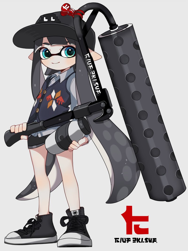 1girl baseball_cap black_footwear black_hair black_hat black_shorts blue_eyes buttons closed_mouth collared_shirt domino_mask full_body hat holding inkling inkling_(language) long_hair long_sleeves maco_spl mask pointy_ears shirt shoelaces shoes shorts smile sneakers solo splat_roller_(splatoon) splatoon splatoon_(series) splatoon_2 standing sweater_vest tentacle_hair toni_kensa_(splatoon) very_long_hair white_shirt