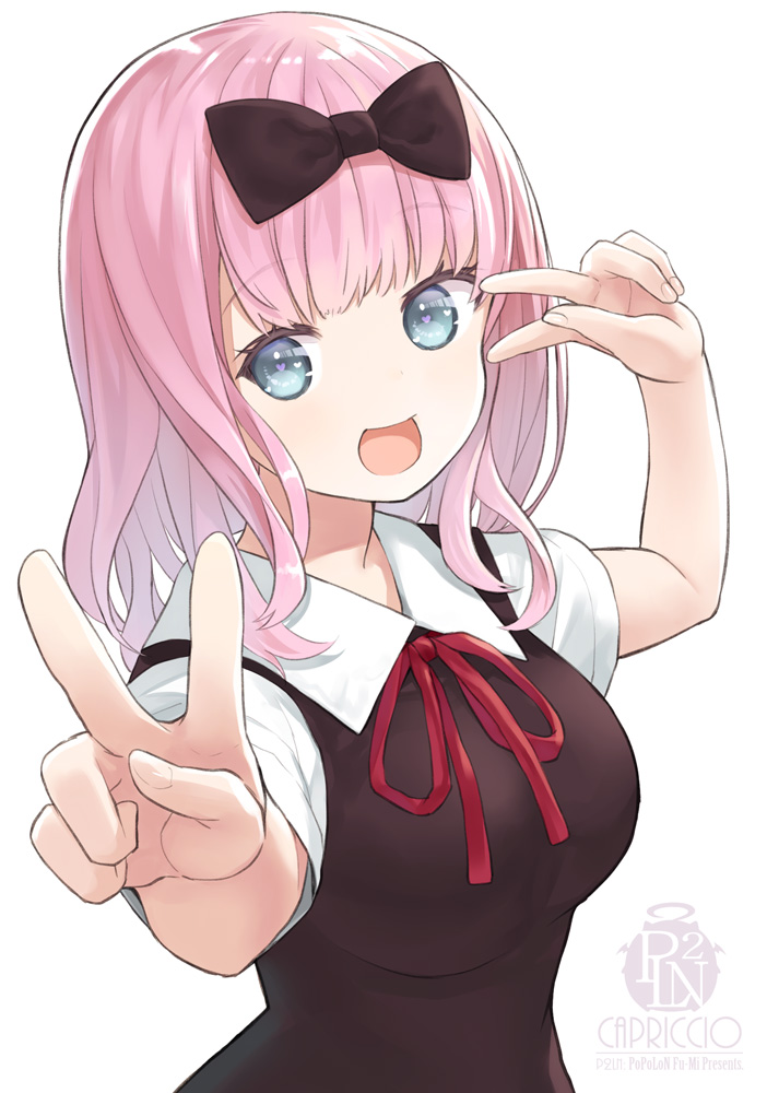 1girl arm_up artist_name bangs black_bow black_dress blue_eyes bow breasts capriccio collared_dress commentary_request double_v dress eyebrows_visible_through_hair fingernails fujiwara_chika hair_bow heart heart-shaped_pupils kaguya-sama_wa_kokurasetai_~tensai-tachi_no_renai_zunousen~ long_hair medium_breasts neck_ribbon pink_hair red_ribbon ribbon shirt short_sleeves sleeveless sleeveless_dress solo symbol-shaped_pupils v v_over_eye white_background white_shirt