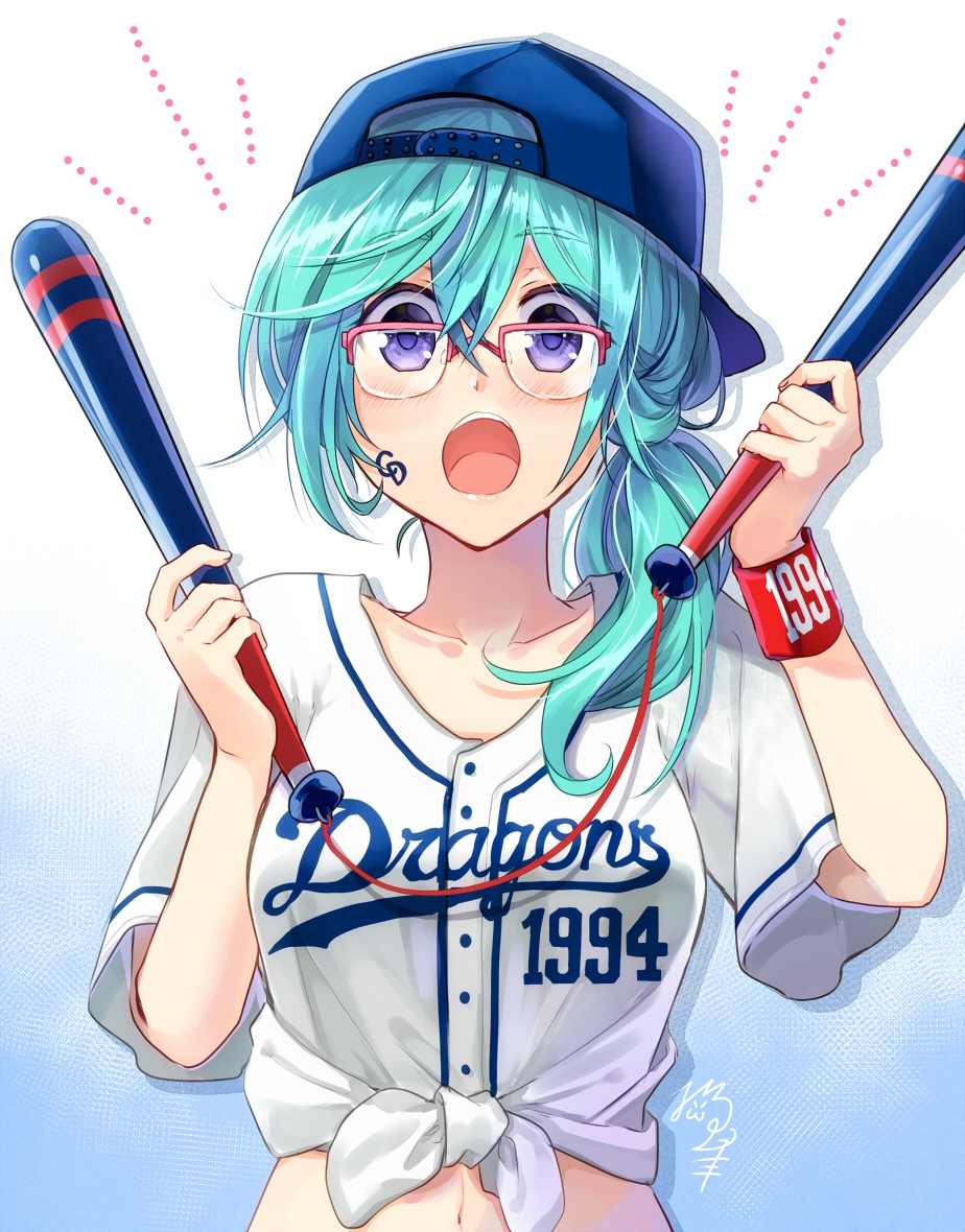 1girl :o aqua_hair baseball_bat baseball_cap blue_eyes blue_hat blush breasts chunichi_dragons collarbone commentary_request crop_top drop_shadow facial_mark front-tie_top glasses gradient gradient_background hair_between_eyes hair_over_shoulder hat holding long_hair looking_at_viewer navel nekozuki_yuki open_mouth original over-rim_eyewear pink-framed_eyewear sanpaku semi-rimless_eyewear shirt short_sleeves signature small_breasts solo stomach upper_body white_shirt