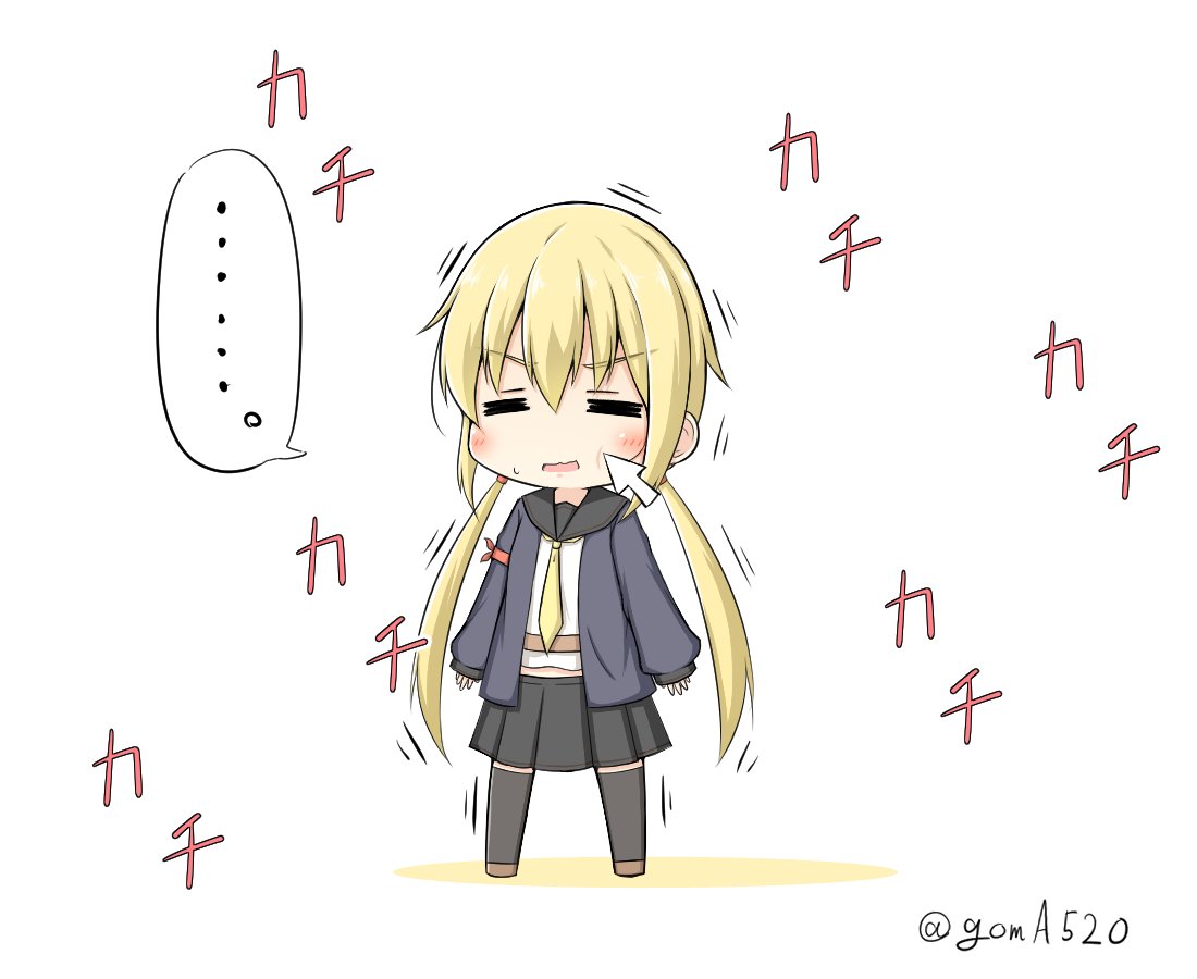 ... 1girl black_legwear black_skirt blonde_hair blue_jacket chibi closed_eyes commentary_request crescent crescent_moon_pin cursor full_body goma_(yoku_yatta_hou_jane) jacket kantai_collection kneehighs long_hair low_twintails neckerchief open_mouth pleated_skirt remodel_(kantai_collection) satsuki_(kantai_collection) simple_background skirt solo spoken_ellipsis standing thigh-highs translated twintails twitter_username white_background yellow_neckwear