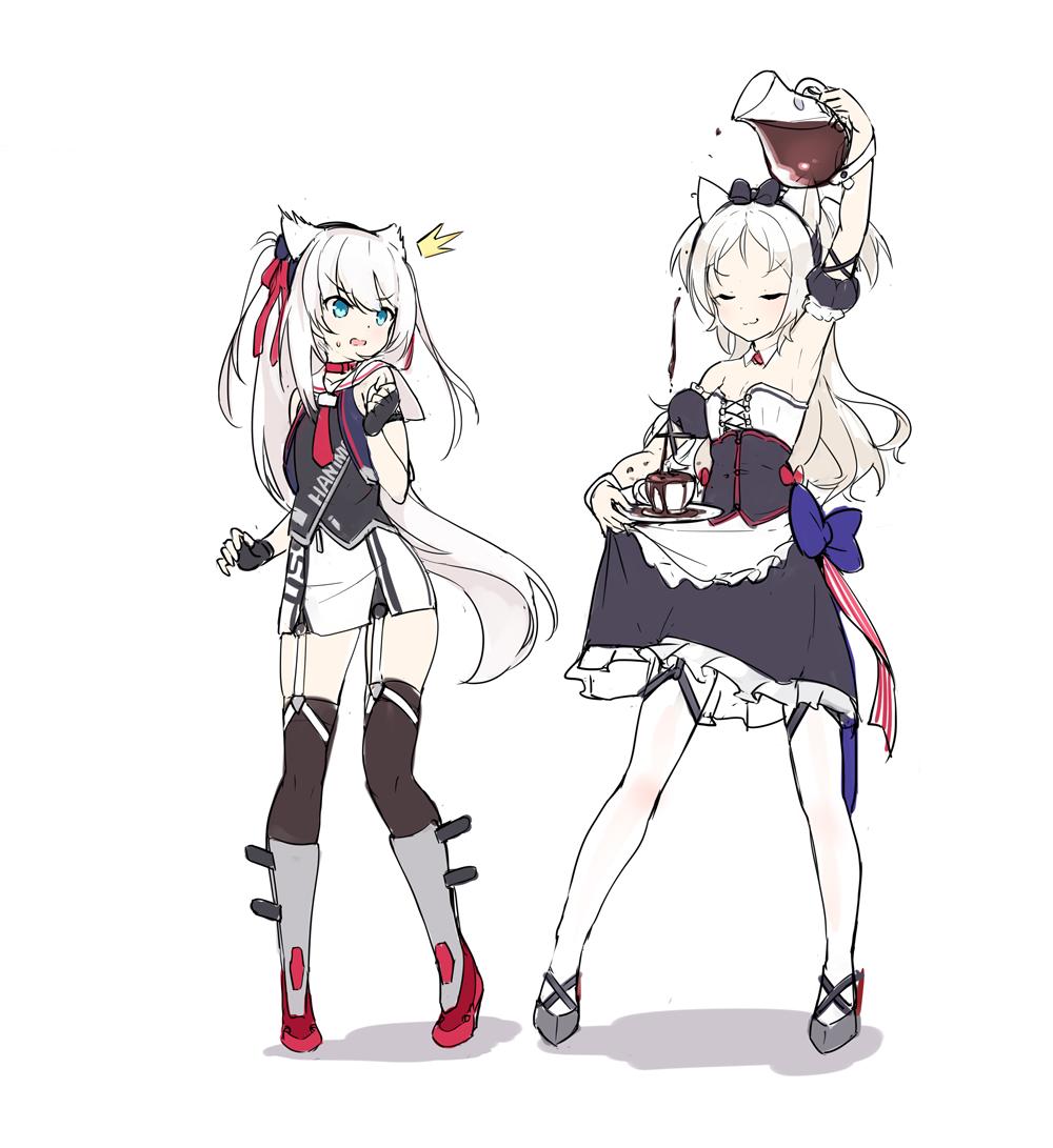 2girls :3 animal_ears armpits azur_lane black_legwear boots bow breasts cat_ears chocolate cleavage commentary corset cosplay costume_switch cup eyebrows_visible_through_hair fingerless_gloves full_body gloves hair_bow hair_ribbon hairband hammann_(azur_lane) kaede_(003591163) long_hair looking_at_another maid multiple_girls overflow pantyhose pencil_skirt pitcher pouring ribbon saucer siblings sims_(azur_lane) sisters skirt small_breasts smug standing surprised sweatdrop teacup thigh-highs two_side_up very_long_hair white_background white_hair white_legwear