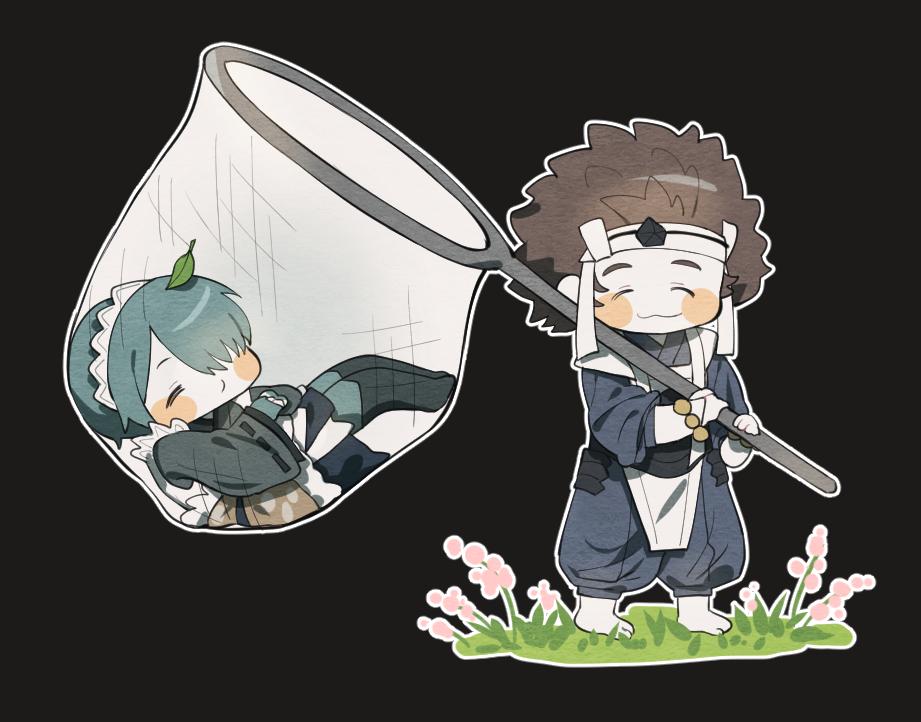 1boy 1girl asama_(fire_emblem_if) blue_hair brown_hair butterfly_net chibi ddomy_pangin fire_emblem fire_emblem_if flower grass hand_net headband japanese_clothes leaf leaf_on_head nintendo rosary setsuna_(fire_emblem_if) sleeping smile walking