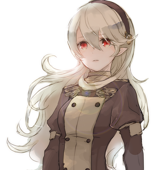 1girl cape cravat female_my_unit_(fire_emblem_if) fire_emblem fire_emblem:_three_houses fire_emblem_if hair_between_eyes hair_ornament hair_ribbon hairband long_hair looking_at_viewer mamkute my_unit_(fire_emblem_if) nintendo pointy_ears red_eyes ribbon robaco silver_hair simple_background solo uniform white_background white_hair