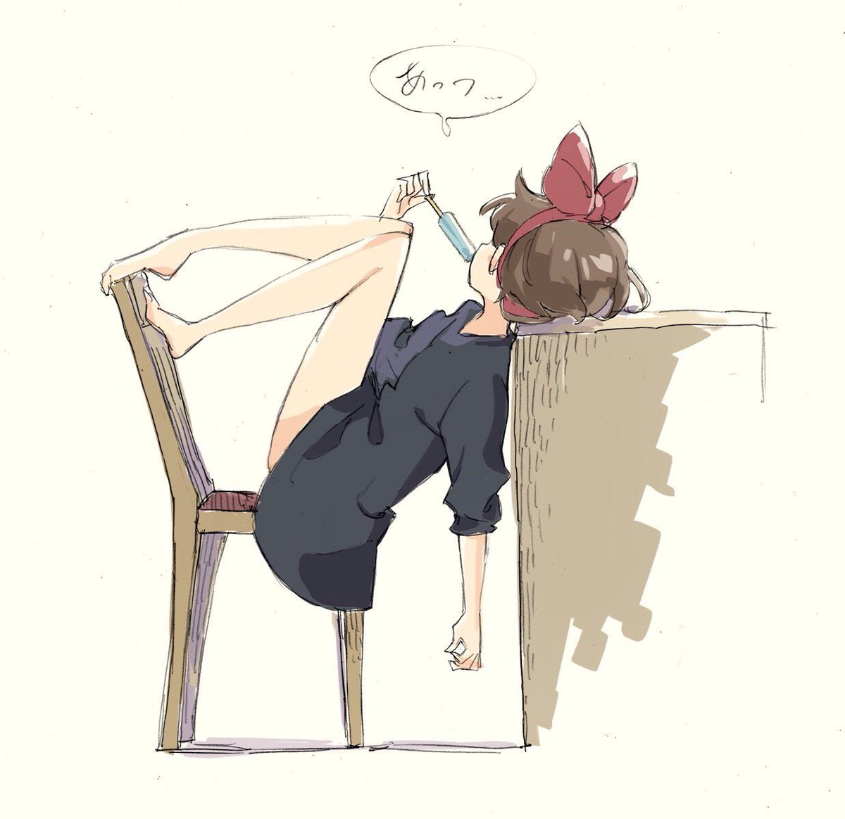 1girl bare_legs barefoot beige_background black_dress bow brown_hair chair desk dress facing_away food hair_bow hairband holding holding_food kiki legs_up majo_no_takkyuubin popman3580 popsicle red_bow red_hairband short_sleeves sketch solo translated