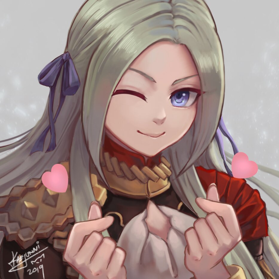1girl blonde_hair blue_eyes cape cravat edelgard_von_hresvelgr_(fire_emblem) fire_emblem fire_emblem:_three_houses gloves hair_ornament hair_ribbon kaejunni long_hair looking_at_viewer nintendo one_eye_closed red_cape ribbon simple_background smile solo uniform white_background