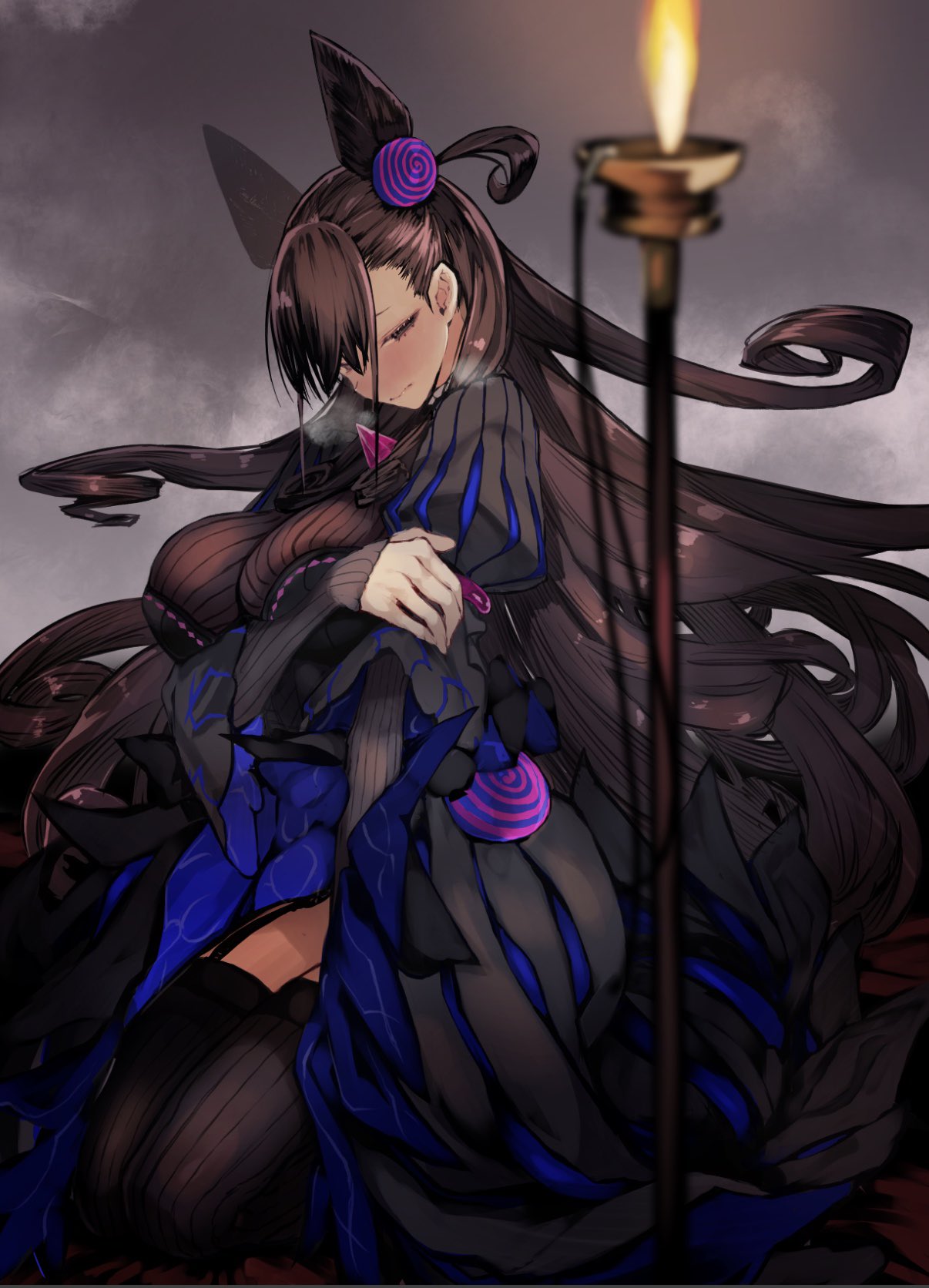 1girl arm_across_chest bangs black_dress blush breasts breathing brown_hair double_bun dress eyebrows_visible_through_hair fate/grand_order fate_(series) frills hair_between_eyes hair_ornament highres hyocorou large_breasts long_hair long_sleeves looking_at_viewer murasaki_shikibu_(fate) puffy_sleeves sitting sleeves_past_wrists solo two_side_up very_long_hair violet_eyes