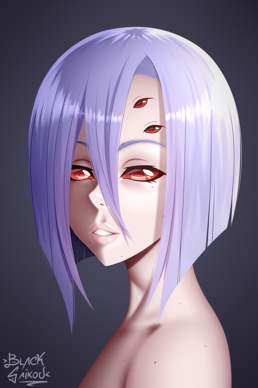 1girl artist_name blacksaikou extra_eyes hair_between_eyes highres lavender_hair lips looking_at_viewer medium_hair mole mole_under_eye mole_under_mouth monster_musume_no_iru_nichijou no_pupils parted_lips portrait rachnera_arachnera red_eyes sharp_teeth simple_background solo teeth