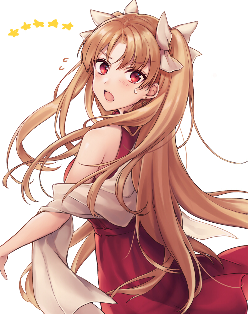 1girl bangs bare_arms bare_shoulders bitter_sweet_(fate/grand_order) blush dress earrings ereshkigal_(fate/grand_order) eyebrows_visible_through_hair fate/grand_order fate_(series) flying_sweatdrops hair_between_eyes hair_ribbon infinity jewelry light_brown_hair long_hair looking_at_viewer looking_to_the_side open_mouth parted_bangs red_dress red_eyes ribbon shiao simple_background sleeveless sleeveless_dress solo star sweat two_side_up very_long_hair white_background white_ribbon