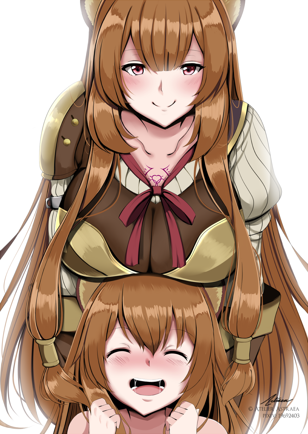 2girls ^_^ ^o^ animal_ears astraea_(atelierastraea) bangs blunt_bangs blush breast_rest breasts brown_hair chest_tattoo closed_eyes closed_eyes happy highres large_breasts long_hair multiple_girls open_mouth raccoon_ears raphtalia red_ribbon ribbon saliva smile tate_no_yuusha_no_nariagari tattoo violet_eyes