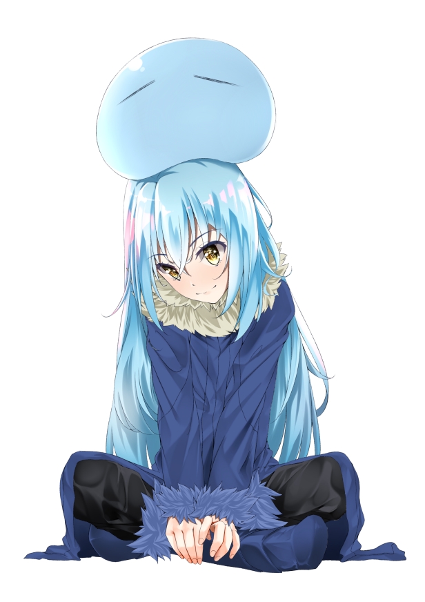 1other androgynous black_pants blue_coat blue_footwear blue_hair blush boots dashu dual_persona fingernails fur-trimmed_collar fur-trimmed_sleeves fur_trim hands_on_own_feet hands_together head_tilt indian_style long_hair long_sleeves looking_at_viewer object_on_head pants rimuru_tempest simple_background sitting slime smile tensei_shitara_slime_datta_ken v_arms very_long_hair white_background yellow_eyes