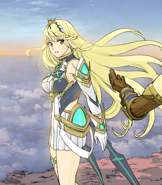 1boy 1girl bangs bare_shoulders blonde_hair blush breasts cleavage clouds dress earrings elbow_gloves gem gloves hair_ornament headpiece mythra_(xenoblade) jewelry large_breasts long_hair nintendo ooshima_aki open_mouth rex_(xenoblade_2) sky swept_bangs tiara very_long_hair white_dress xenoblade_(series) xenoblade_2 yellow_eyes