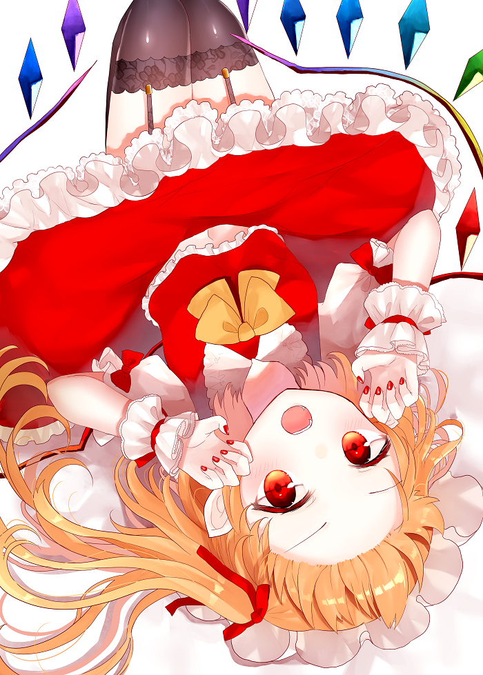 1girl black_legwear blonde_hair claw_pose crystal flandre_scarlet folded_leg forehead frilled_skirt frills garter_straps hair_ribbon hat lace lace-trimmed_legwear looking_at_viewer lying midriff_peek mob_cap nail_polish neck_ribbon on_back open_mouth over-kneehighs petticoat red_eyes red_nails red_ribbon red_skirt red_vest ribbon sakipsakip short_hair side_ponytail simple_background skirt solo teeth thigh-highs touhou upside-down vest white_background wings wrist_cuffs yellow_neckwear