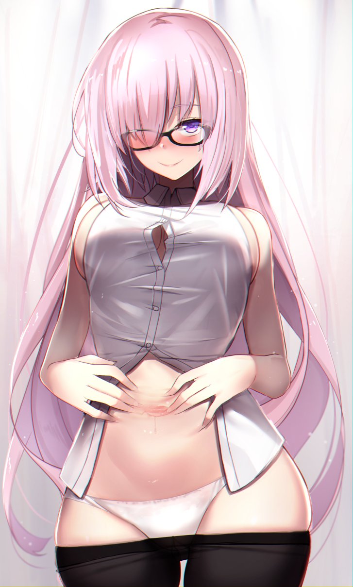 1girl alternate_hair_length alternate_hairstyle bangs bare_shoulders black_legwear blush breasts closed_mouth commentary_request cowboy_shot fate/grand_order fate_(series) gusset hair_over_one_eye highres large_breasts long_hair looking_at_viewer mash_kyrielight navel pantyhose purple_hair seductive_smile shirt sideboob sidelocks skindentation sleeveless sleeveless_shirt smile solo spread_navel sweat taut_clothes taut_shirt untsue very_long_hair violet_eyes white_shirt