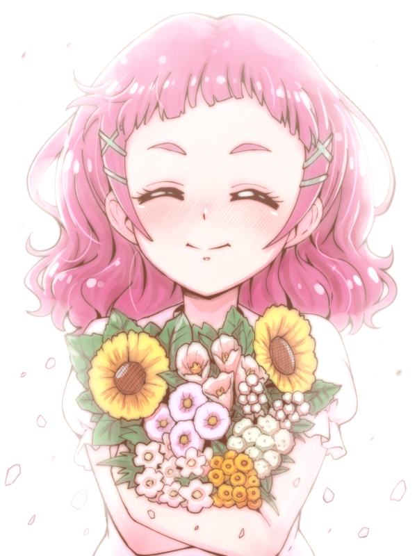 1girl ^_^ blouse blush bouquet closed_eyes closed_eyes commentary_request flower flower_request full-face_blush hair_ornament holding holding_bouquet hugtto!_precure long_hair namesake nono_hana petals pink_hair precure puffy_short_sleeves puffy_sleeves short_sleeves smile solo tj-type1 upper_body x_hair_ornament