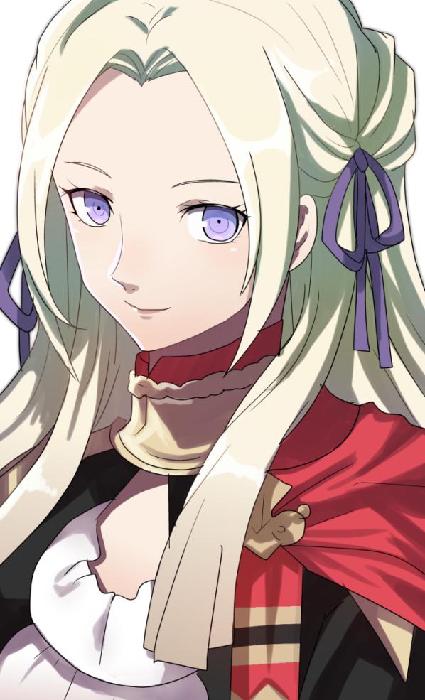 1girl blonde_hair blue_eyes cape cravat edelgard_von_hresvelgr_(fire_emblem) fire_emblem fire_emblem:_three_houses gloves hair_ornament long_hair looking_at_viewer nintendo rem_sora410 ribbon simple_background smile solo uniform white_background