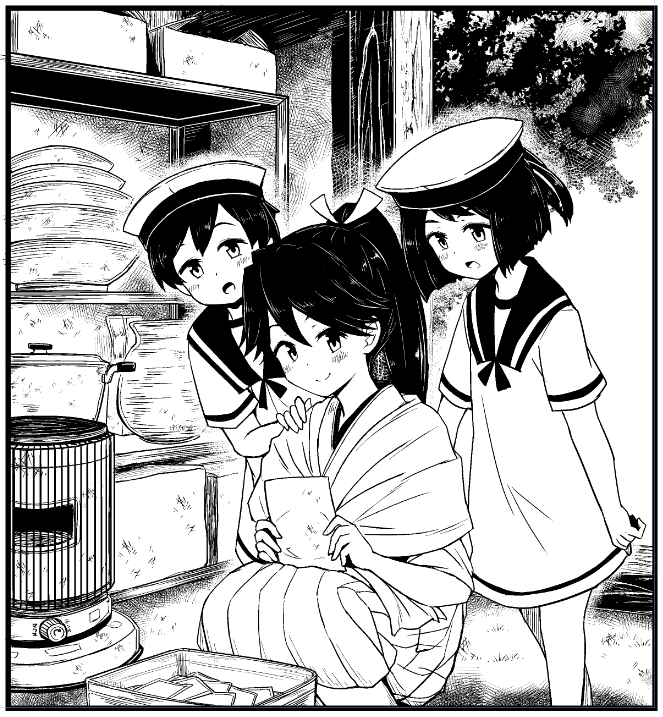 3girls commentary_request daitou_(kantai_collection) dress hair_ribbon hakama_skirt hat hiburi_(kantai_collection) houshou_(kantai_collection) kantai_collection monochrome multiple_girls open_mouth ponytail ribbon sailor_dress sailor_hat shelf smile squatting toda_kazuki tree