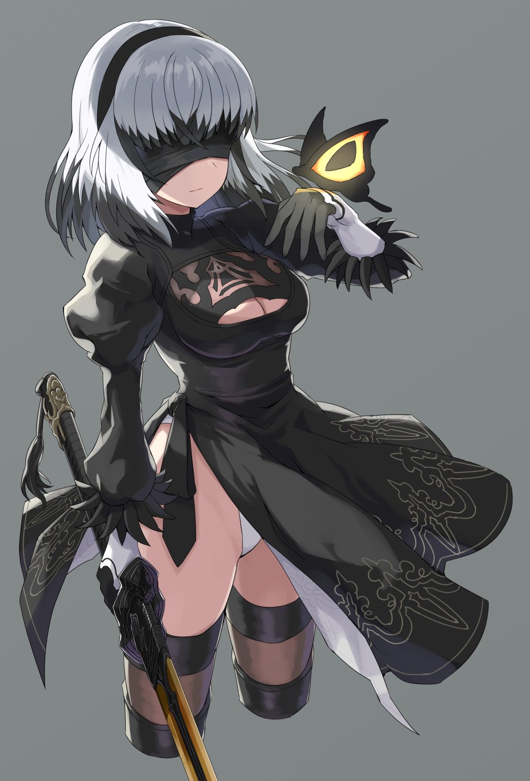 1girl bangs black_dress black_hair black_hairband blindfold blunt_bangs breasts bug butterfly cleavage cleavage_cutout cosplay dress gloves grey_background hairband highres insect leotard medium_breasts medium_hair multicolored_hair nier_(series) nier_automata pera satsuki_yomi solo sword thigh-highs toji_no_miko two-tone_hair weapon white_hair white_leotard yorha_no._2_type_b yorha_no._2_type_b_(cosplay)