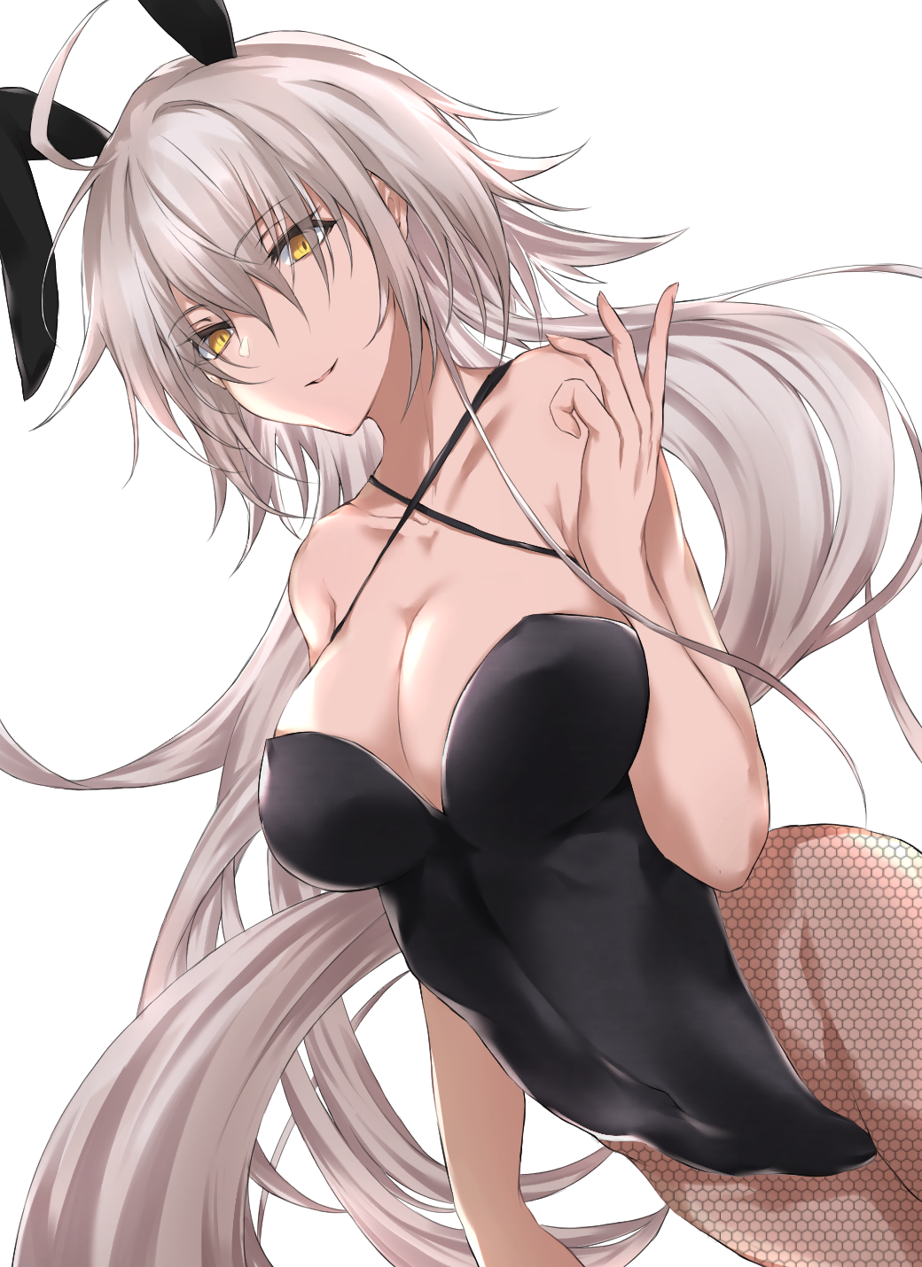 1girl ahoge animal_ears bangs bare_arms bare_shoulders black_bunny_ears black_leotard breasts brown_eyes bunny_ears bunny_girl bunnysuit cleavage collarbone commentary_request covered_navel criss-cross_halter dutch_angle eyebrows_visible_through_hair fate/grand_order fate_(series) fishnet_pantyhose fishnets hair_between_eyes halterneck highres jeanne_d'arc_(alter)_(fate) jeanne_d'arc_(fate)_(all) large_breasts leotard long_hair no_bra no_panties no_underwear pantyhose parted_lips rabbit_ears silver_eyebrows silver_hair simple_background smile solo very_long_hair white_background yuki_maccha_(yukimattya10)