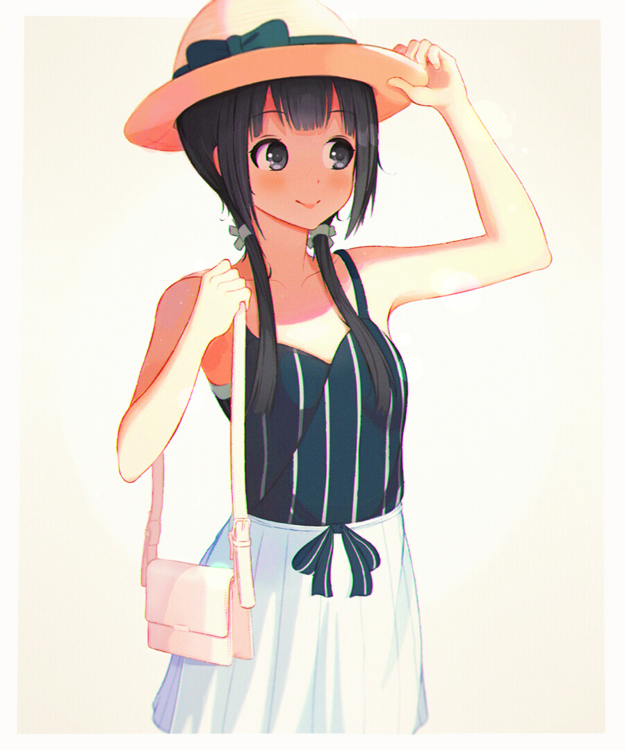 1girl adjusting_clothes adjusting_hat aiura bag bangs bare_shoulders black_bow black_hair blue_eyes bow breasts hair_over_shoulder hand_up handbag hanr10 hat hat_bow looking_afar pink_background skirt small_breasts smile solo standing twintails uehara_ayuko white_skirt yellow_hat