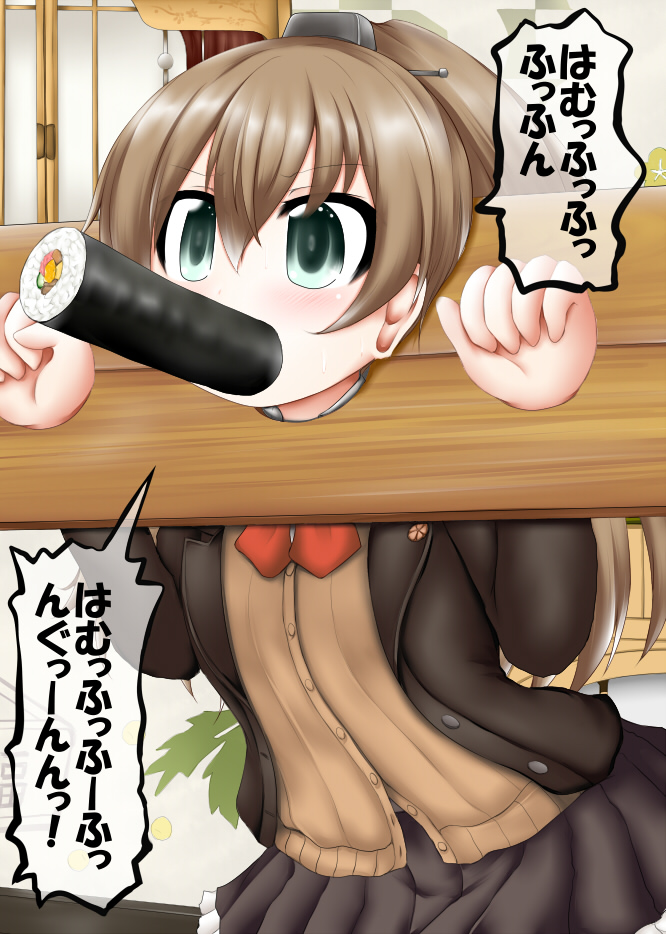 1girl ascot brown_hair brown_jacket brown_skirt cardigan commentary_request cowboy_shot ehoumaki food green_eyes hair_ornament hairclip high_ponytail jacket kantai_collection kumano_(kantai_collection) long_hair makizushi mouth_hold orange_cardigan ouno_(nounai_disintegration) pillory pleated_skirt ponytail remodel_(kantai_collection) school_uniform skirt solo sushi translation_request