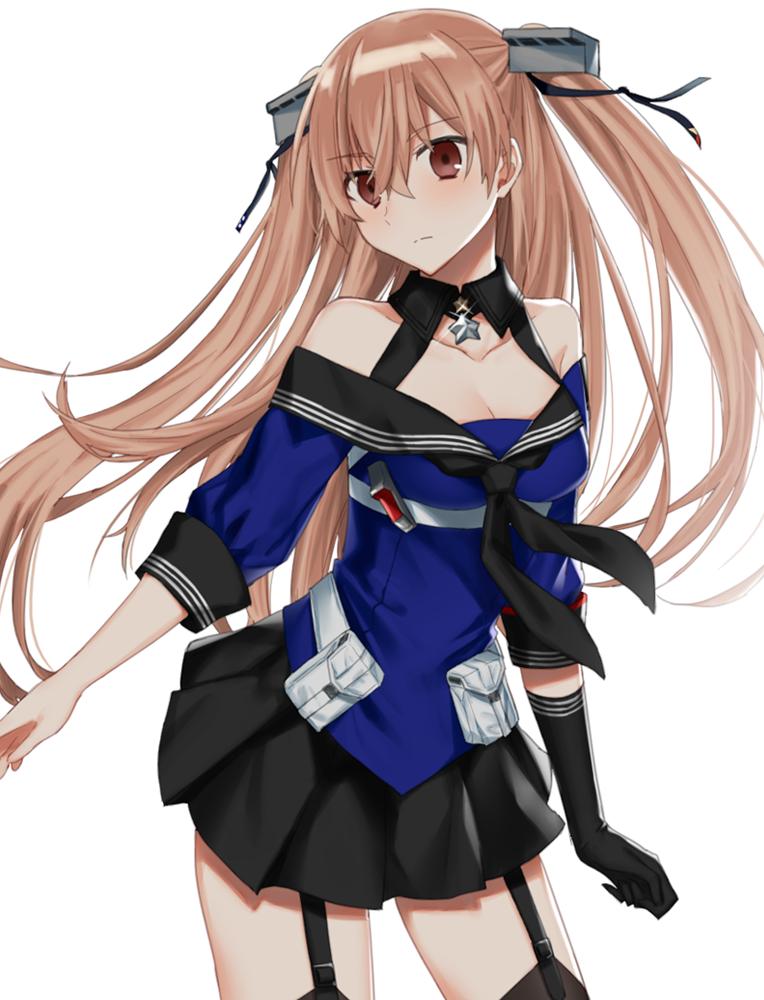 1girl black_gloves black_legwear black_skirt blue_shirt breasts brown_eyes cleavage contrapposto cowboy_shot engawa_(l_sv) garter_straps gloves johnston_(kantai_collection) kantai_collection light_brown_hair long_hair looking_at_viewer medium_breasts off_shoulder pleated_skirt sailor_collar school_uniform serafuku shirt simple_background single_glove skirt solo standing thigh-highs two_side_up white_background
