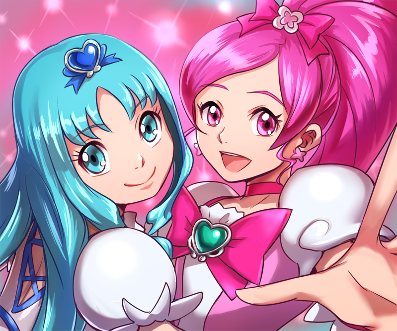 2girls :d bangs blue_hair bow choker cure_blossom cure_marine earrings hair_bow hair_ornament hanasaki_tsubomi heart heart_hair_ornament heartcatch_precure! high_ponytail jewelry kurumi_erika long_hair looking_at_viewer multiple_girls nyaasora open_mouth outstretched_arm parted_bangs pink_background pink_bow pink_eyes pink_hair precure shiny shiny_hair short_sleeves smile upper_body