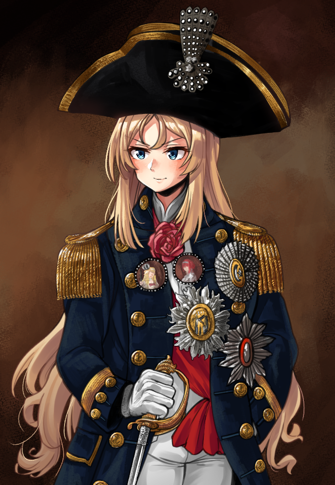 1girl alternate_costume ascot black_hat blonde_hair blue_coat blue_eyes cosplay cowboy_shot epaulettes erufu_kan fine_art_parody flower hat holding holding_sword holding_weapon horatio_nelson horatio_nelson_(cosplay) kantai_collection long_hair long_sleeves medal military military_uniform namesake naval_uniform nelson_(kantai_collection) parody red_flower red_neckwear red_rose rose solo sword tricorne uniform weapon