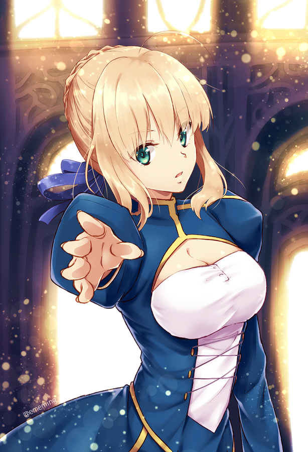 1girl ahoge artoria_pendragon_(all) blonde_hair blue_dress blue_ribbon braid breasts cleavage cleavage_cutout commentary_request dress eyebrows_visible_through_hair fate/grand_order fate/stay_night fate_(series) french_braid green_eyes hair_between_eyes hair_ribbon juliet_sleeves large_breasts light_particles long_sleeves looking_at_viewer nyanmaru_(ememing) open_eyes open_mouth outstretched_hand parted_lips puffy_sleeves ribbon saber short_hair solo twitter_username