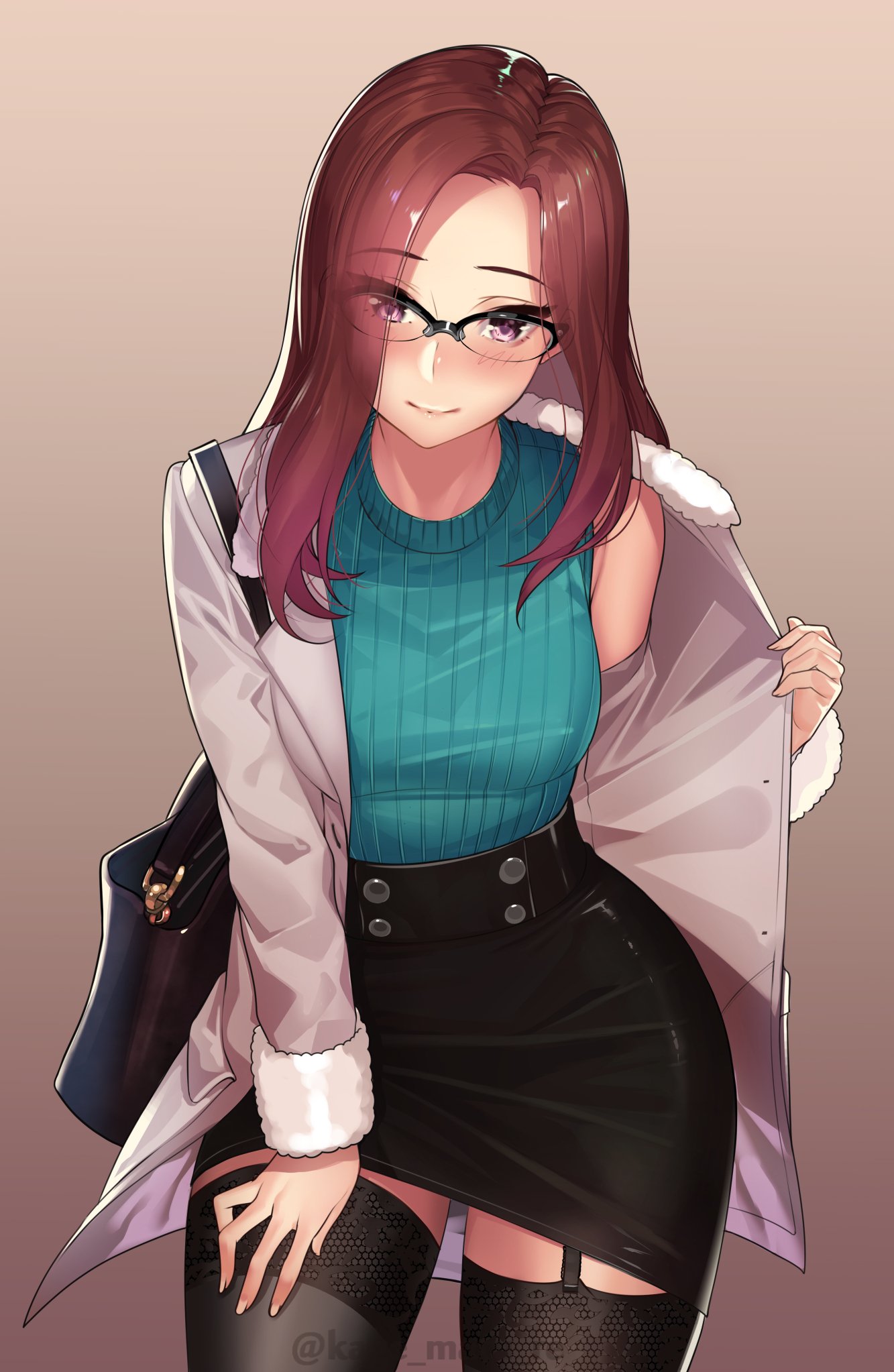 1girl artist_request bag black_skirt black_thighhighs blush brown_hair brunette garter_straps glasses gradient_background hair_over_one_eye pink_eyes skirt solo stockings white_coat