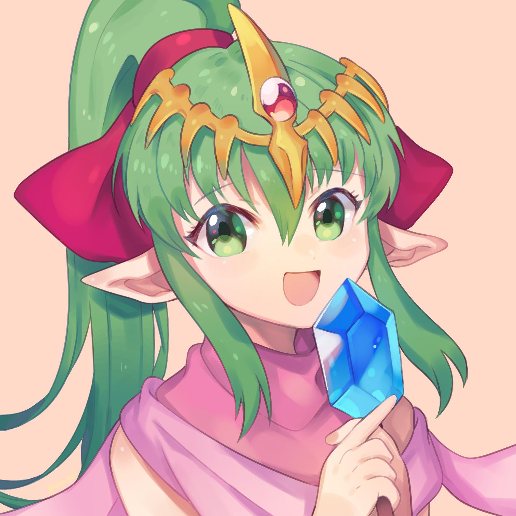 1girl chiki child circlet cute dress fire_emblem fire_emblem:_mystery_of_the_emblem fire_emblem_heroes food green_eyes green_hair hair_ornament highres intelligent_systems long_hair looking_at_viewer mamkute nintendo pink_legwear pointy_ears ponytail popsicle simple_background solo stone tiara yasaikakiage young