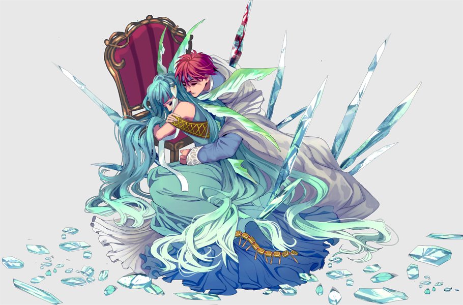 1boy 1girl absurdly_long_hair blue_hair cape closed_eyes dress eliwood_(fire_emblem) fire_emblem fire_emblem:_rekka_no_ken fire_emblem_heroes headband hug hug_from_behind ice icicle long_hair ninian nintendo redhead throne tsuko_(25mnts) very_long_hair