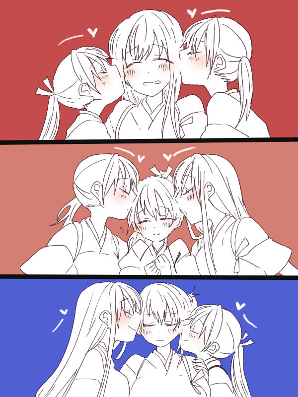 3girls akagi_(kantai_collection) cheek_kiss closed_eyes comic head_kiss heart height_difference houshou_(kantai_collection) japanese_clothes kaga_(kantai_collection) kantai_collection kiss limited_palette multiple_girls ponytail side_ponytail smile yoichi_(umagoya)