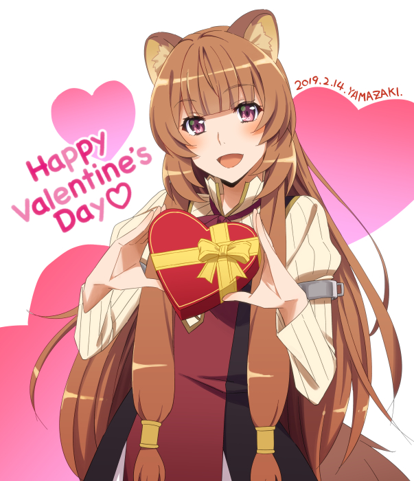 1girl 2019 animal_ears artist_name bangs blunt_bangs blush box brown_hair dated eyebrows_visible_through_hair gift gift_box happy_valentine heart heart-shaped_box looking_at_viewer open_mouth raccoon_ears raccoon_tail raphtalia smile solo tail tate_no_yuusha_no_nariagari text_focus valentine violet_eyes yamazaki_(now_printing)