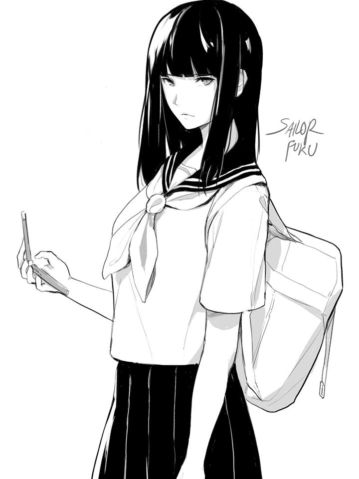 1girl carrying_over_shoulder cellphone collarbone hime_cut lips looking_at_viewer monochrome naoko_(9113419) original phone pleated_skirt sailor_collar skirt smartphone solo uniform