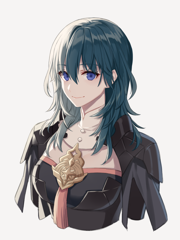 1girl armor black_armor blue_eyes blue_hair byleth closed_mouth fire_emblem fire_emblem:_three_houses long_hair nintendo simple_background smile solo srb7606 upper_body white_background