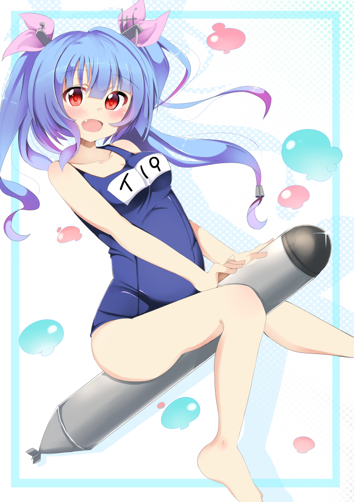 1girl :d aqua_border arched_back ashino bangs bare_arms bare_legs bare_shoulders barefoot blunt_bangs blush breasts character_name collarbone commentary_request dot_nose fang hair_between_eyes head_tilt i-19_(kantai_collection) kantai_collection legs light_blue_hair long_hair looking_at_viewer name_tag open_mouth outside_border red_eyes smile solo straddling