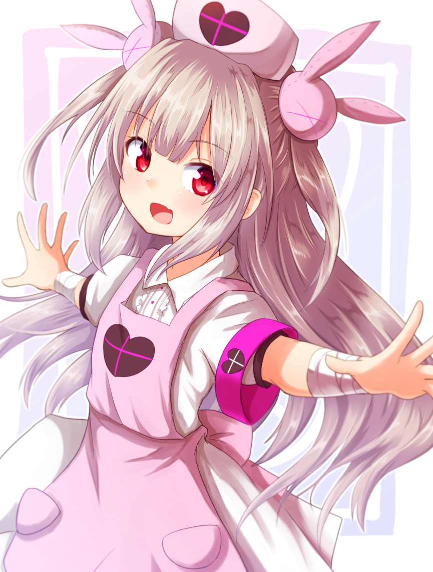 &gt;_&lt; 1girl :d apron armband bandage bandaged_arm bandages bangs baram blush brown_hair bunny_hair_ornament collared_shirt commentary_request eyebrows_visible_through_hair fang hair_ornament hat heart long_hair looking_at_viewer natori_sana nurse_cap open_mouth outstretched_arms pink_apron pink_hat puffy_short_sleeves puffy_sleeves red_eyes sana_channel shirt short_sleeves skirt smile solo spread_arms two_side_up very_long_hair virtual_youtuber white_shirt white_skirt