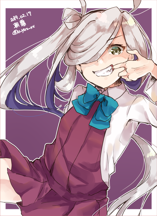 1girl ahoge asashimo_(kantai_collection) border character_name dated green_eyes grey_hair grey_legwear grin hair_over_one_eye halterneck kantai_collection long_hair looking_at_viewer mouth_pull pantyhose ponytail purple_background school_uniform sharp_teeth shirt simple_background smile solo teeth twitter_username u_yuz_xx white_border white_shirt