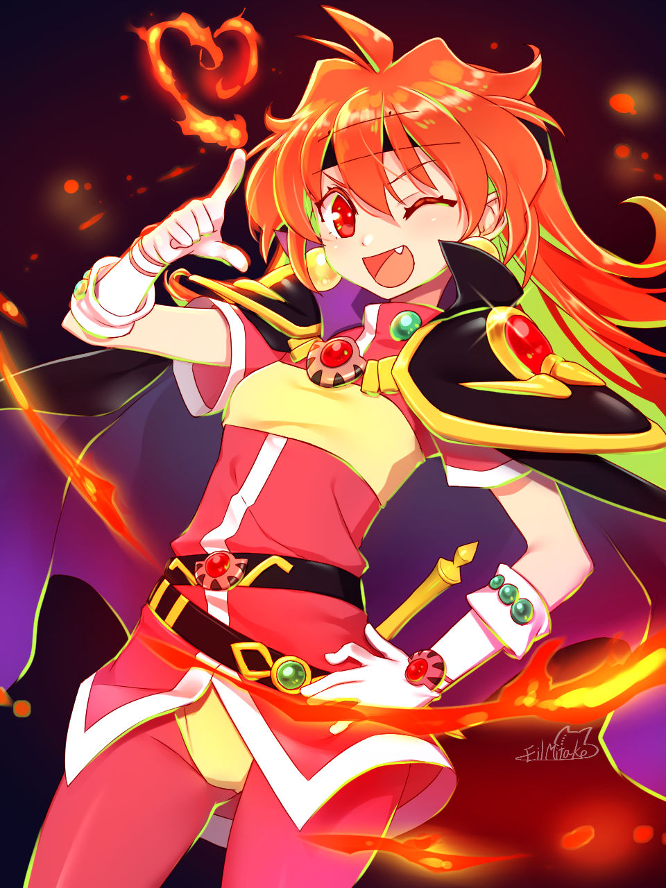 1girl ;d artist_name belt black_cape black_headband bracelet cape earrings fang fire gem gloves green_hair hand_on_hip headband heart highres jewelry lina_inverse long_hair looking_at_viewer loose_belt magic mitake_eiru one_eye_closed open_mouth pants pauldrons pointing pointing_at_viewer red_eyes red_pants red_shirt redhead shirt short_sleeves slayers smile solo sword v-shaped_eyebrows weapon white_gloves