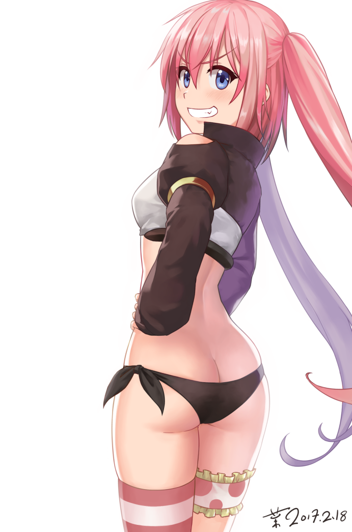 1girl ass asymmetrical_legwear bangs black_panties blue_eyes blush breasts butt_crack commentary_request dated eyebrows_visible_through_hair grin hair_between_eyes hand_on_hip long_hair long_sleeves milim_nava mr_yah panties pink_hair puffy_long_sleeves puffy_sleeves signature simple_background single_thighhigh small_breasts smile solo striped striped_legwear tensei_shitara_slime_datta_ken thigh-highs twintails underwear very_long_hair white_background