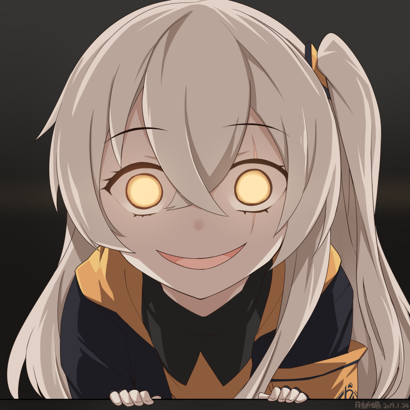1girl armband commentary_request empty_eyes eyebrows_visible_through_hair foreshortening girls_frontline hair_between_eyes light_brown_hair long_hair looking_at_viewer one_side_up scar scar_across_eye smile solo tsuki_tokage ump45_(girls_frontline) wide-eyed yellow_eyes