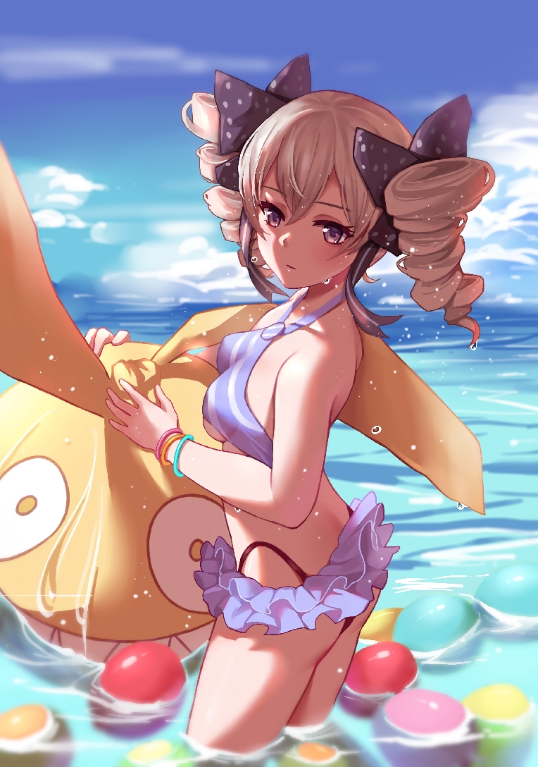 1girl bigroll bikini blue_bikini blue_eyes blue_sky bow bracelet breasts bronya_zaychik clouds commentary_request day drill_hair frilled_bikini_bottom from_side hair_between_eyes hair_bow homu_(honkai_impact) honkai_(series) honkai_impact_3 jewelry long_hair looking_at_viewer ocean outdoors silver_hair sky small_breasts solo striped striped_bikini swimsuit twin_drills under_boob wading wet wet_clothes wet_swimsuit